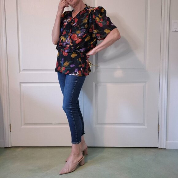 Vintage 80s-90s 1940s-Inspired Sheer Floral Top | Diagonal Buttons | M–L - Picture 3 of 8